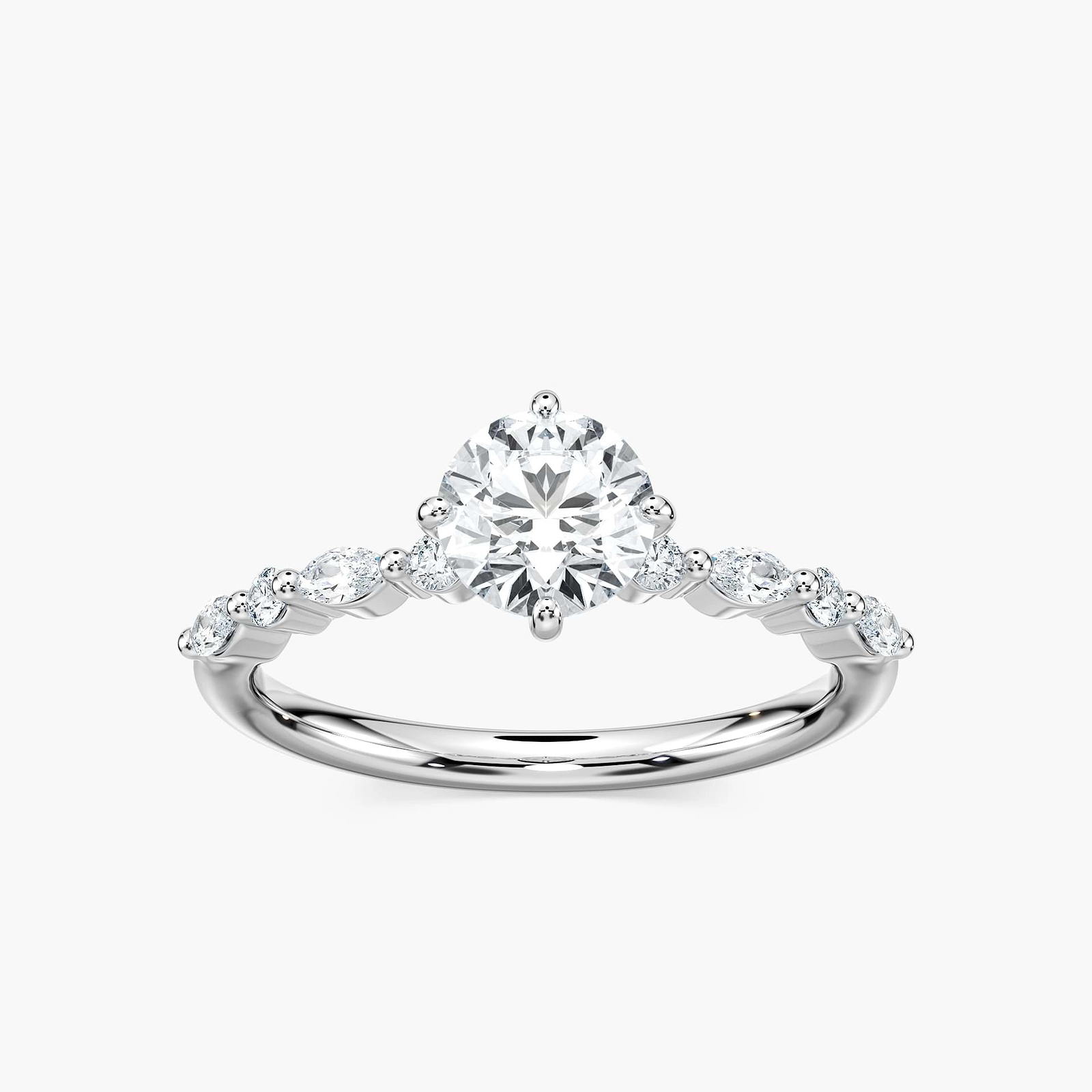 Shown here with a 1.0ct Round Cut center stone in 14K Yellow Gold|summer engagement ring with diamond accenting stones and a round cut center stone set in 14k yellow gold metal