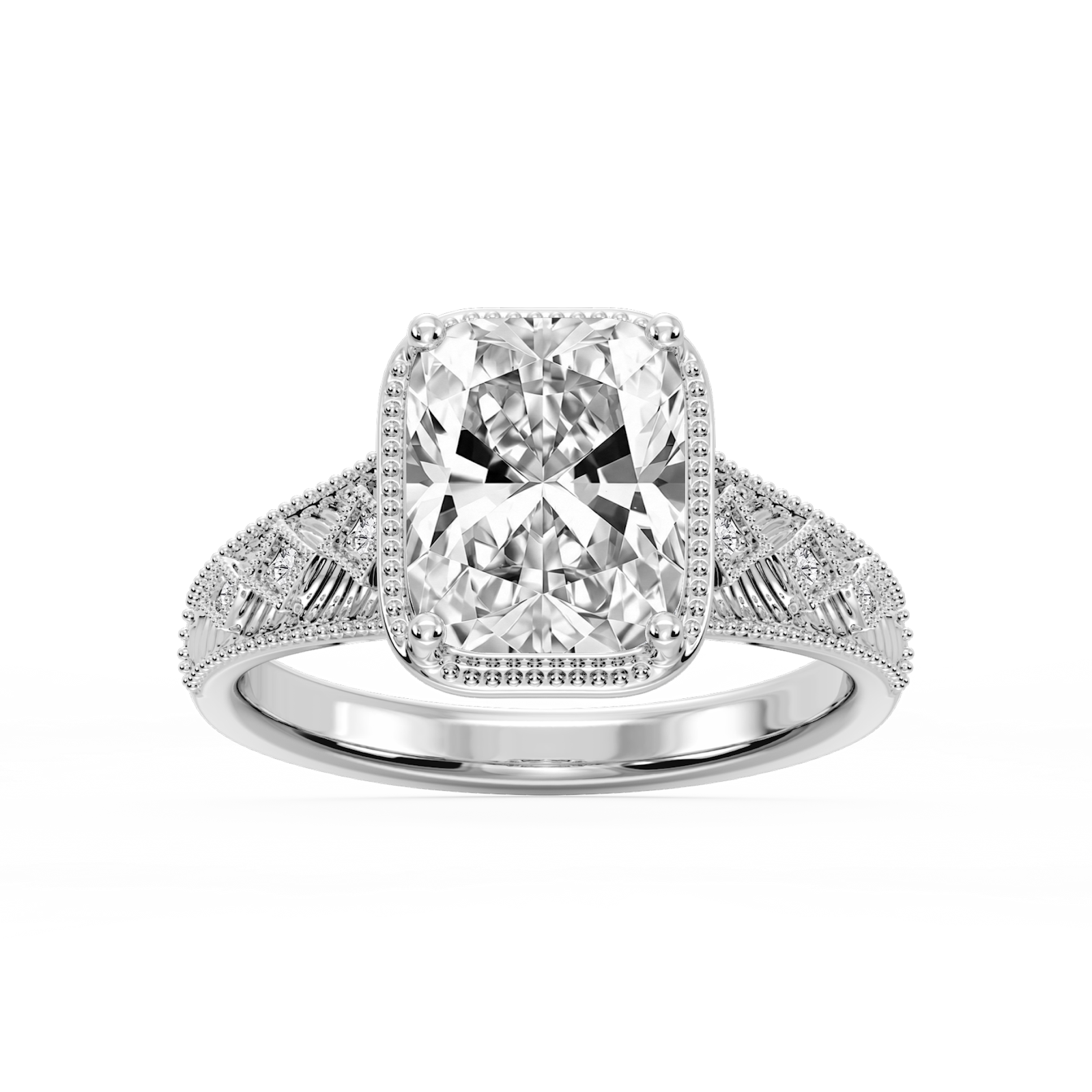 Sylvia Old Mine Cushion Lab Grown Diamond Etched Milgrain Side Stone Engagement Ring
