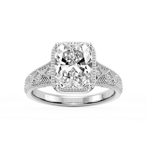 Sylvia Old Mine Cushion Lab Grown Diamond Etched Milgrain Side Stone Engagement Ring