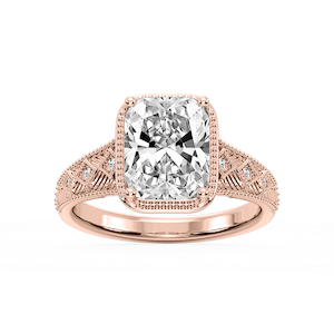 Sylvia Old Mine Cushion Lab Grown Diamond Etched Milgrain Side Stone Engagement Ring