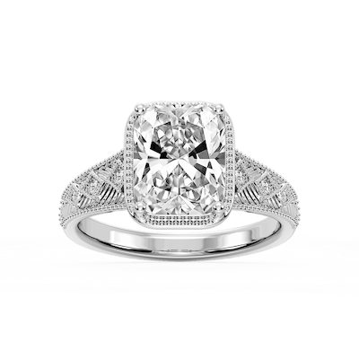 Sylvia Old Mine Cushion Lab Grown Diamond Etched Milgrain Side Stone Engagement Ring