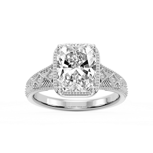 Sylvia Old Mine Cushion Lab Grown Diamond Etched Milgrain Side Stone Engagement Ring
