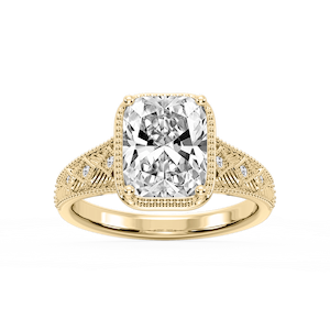 Sylvia Old Mine Cushion Lab Grown Diamond Etched Milgrain Side Stone Engagement Ring