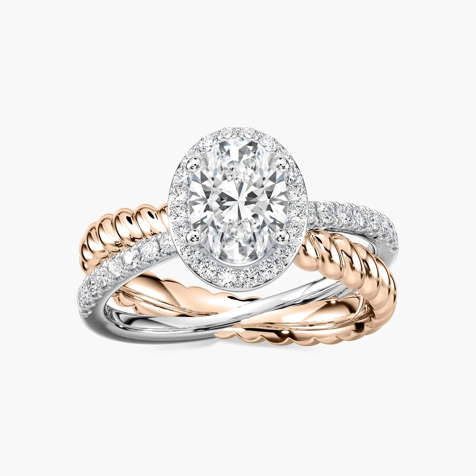 Terwilliger Two Tone Engagement Ring shown with a 1.25ct oval cut Lab-Grown Diamond in recycled 14K white and rose gold. | Terwilliger Two Tone Engagement Ring 1.25ct oval cut Lab-Grown Diamond recycled 14K white and rose gold