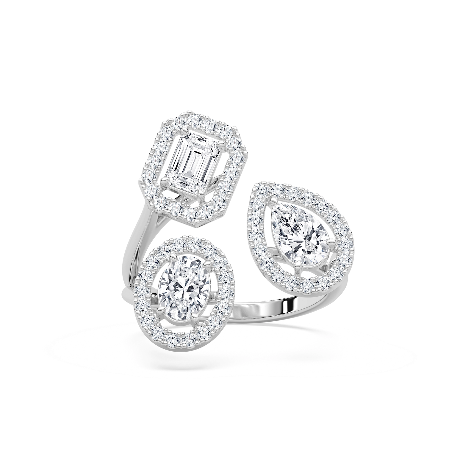 Three Stone Halo Fashion Ring in Rose Gold