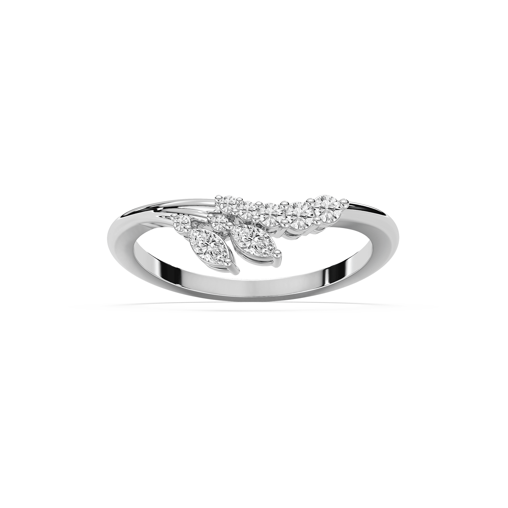 Shown in 14k White Gold|Unique diamond accented nature inspired wedding band with asymmetrical design with accenting diamonds 