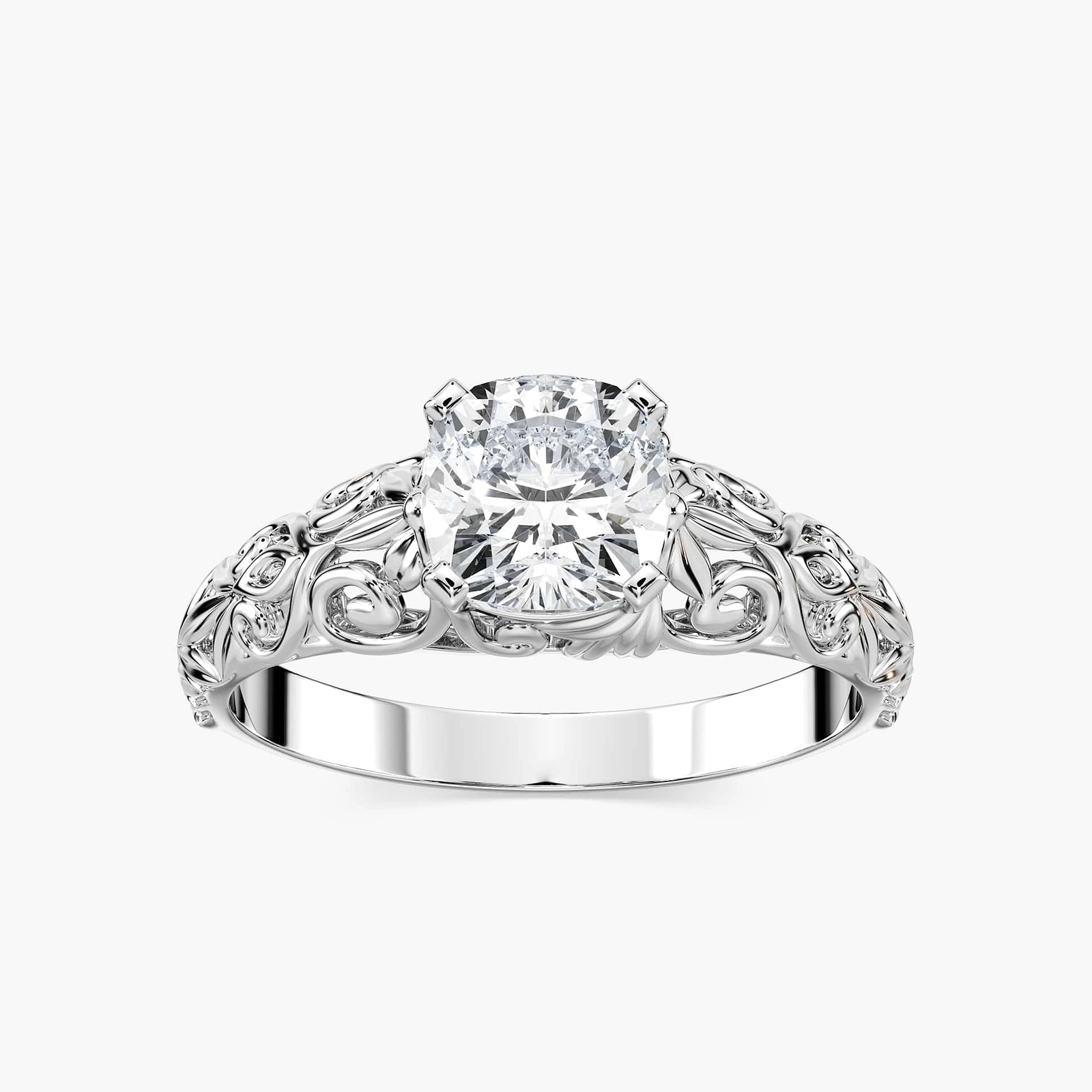 Shown with 1ct Cushion Cut Lab Grown Diamond in 14k White Gold|Vintage style nature inspired engagement ring with 1ct cushion cut lab grown diamond in detailed 14k white gold setting