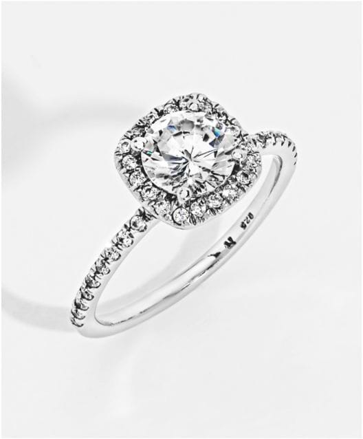 Trending halo engagement ring featuring a central gemstone surrounded by a circle of smaller accent stones for added sparkle