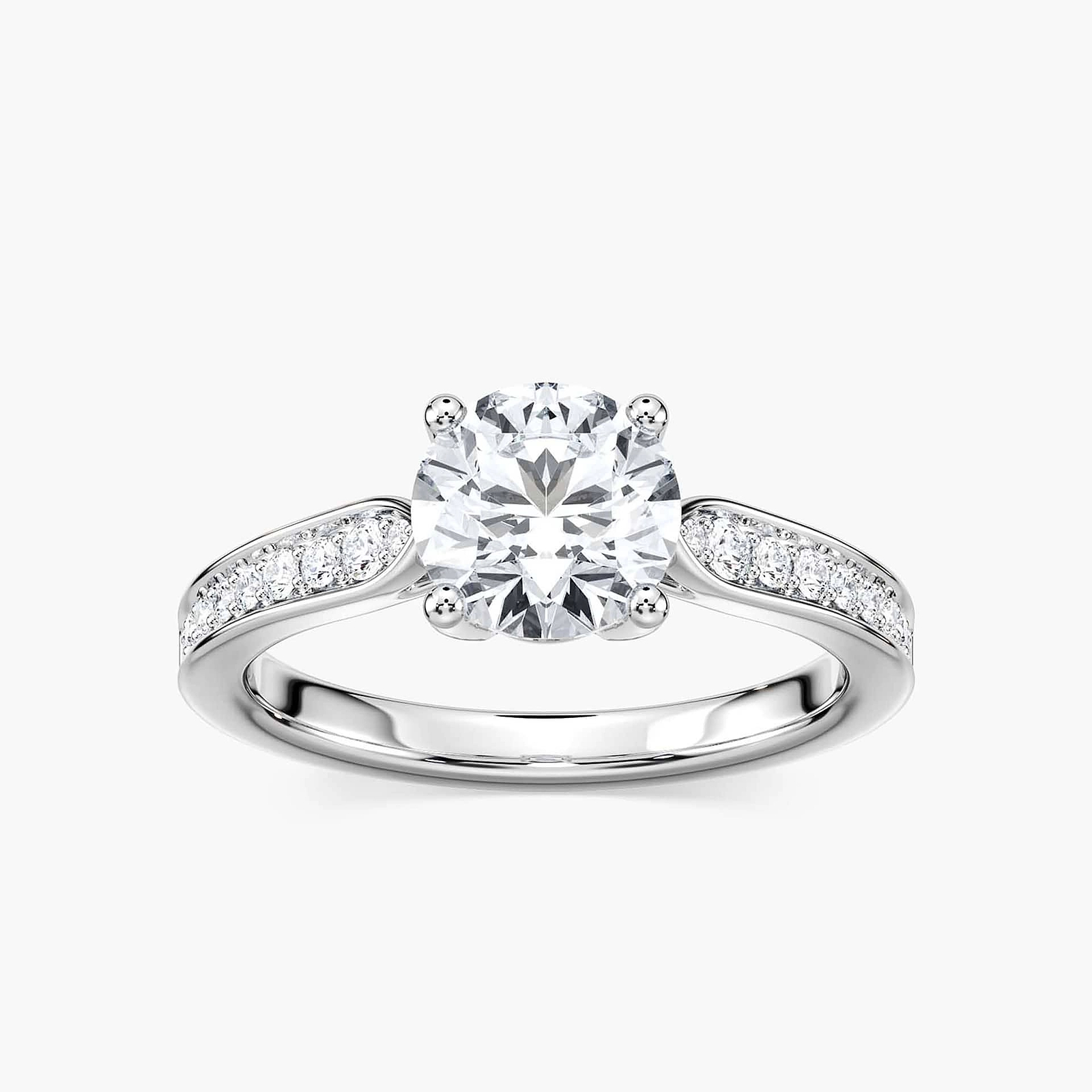 Shown with a 1.0ct Round cut Lab-Grown Diamond with accenting diamonds on the band in recycled 14K white gold | engagement ring Shown with a 1.0ct Round cut Lab-Grown Diamond with accenting diamonds on the band in recycled 14K white gold