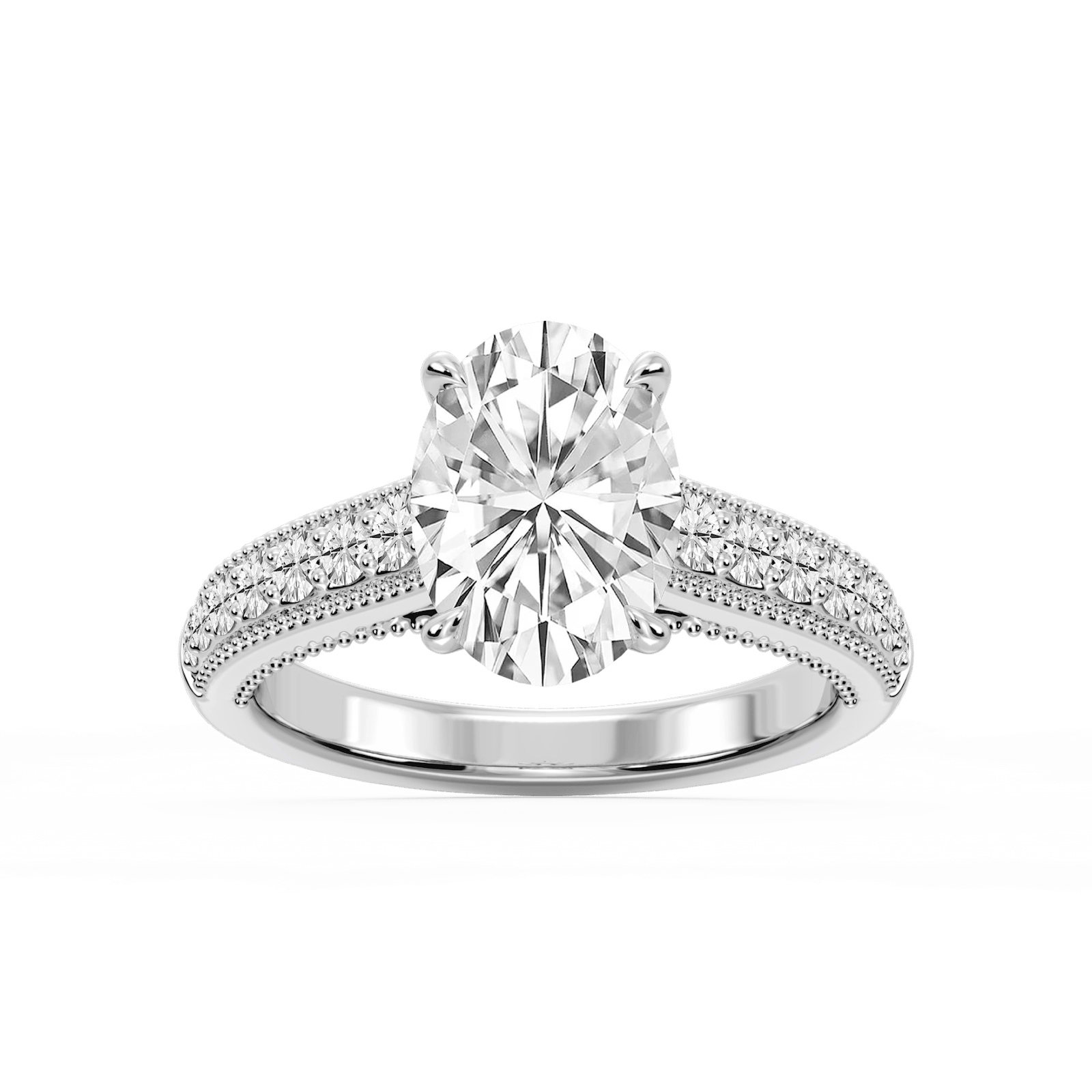 Veronica Oval Lab Grown Diamond Milgrain Channel Side Stone Engagement Ring