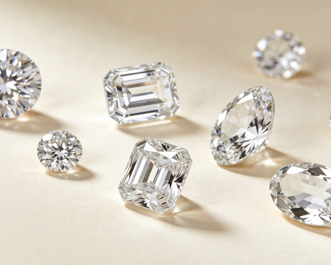 Collection of various cut lab-grown diamonds on a beige background