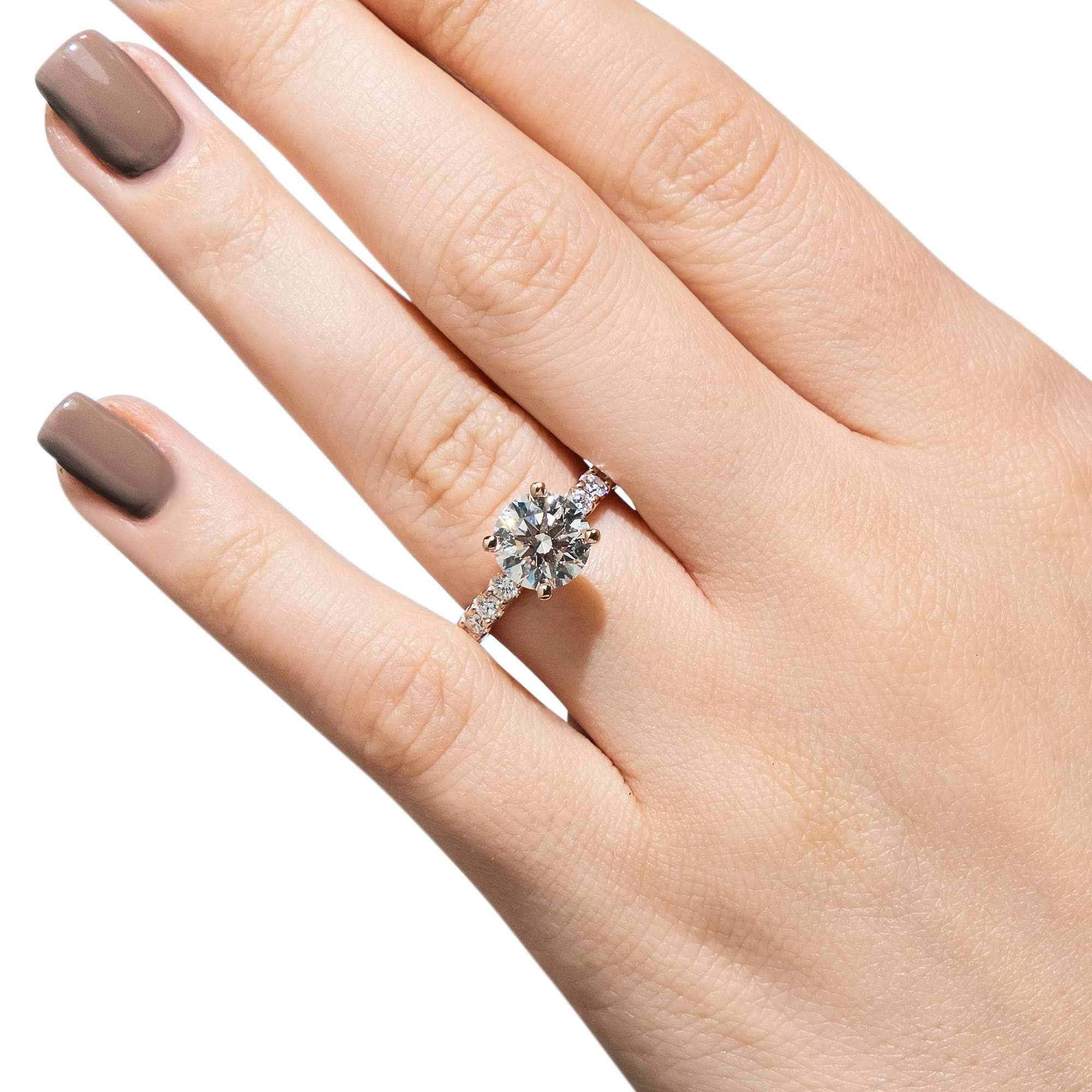 10 Stone Diamond Accented Engagement Ring shown with 2ct Lab Grown Diamond in 14k Rose Gold|10 Stone Diamond Accented Engagement Ring shown with 2ct Lab Grown Diamond in 14k Rose Gold