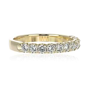 Beautiful diamond accented anniversary band with 11 round cut lab created diamonds set in 14k recycled yellow gold