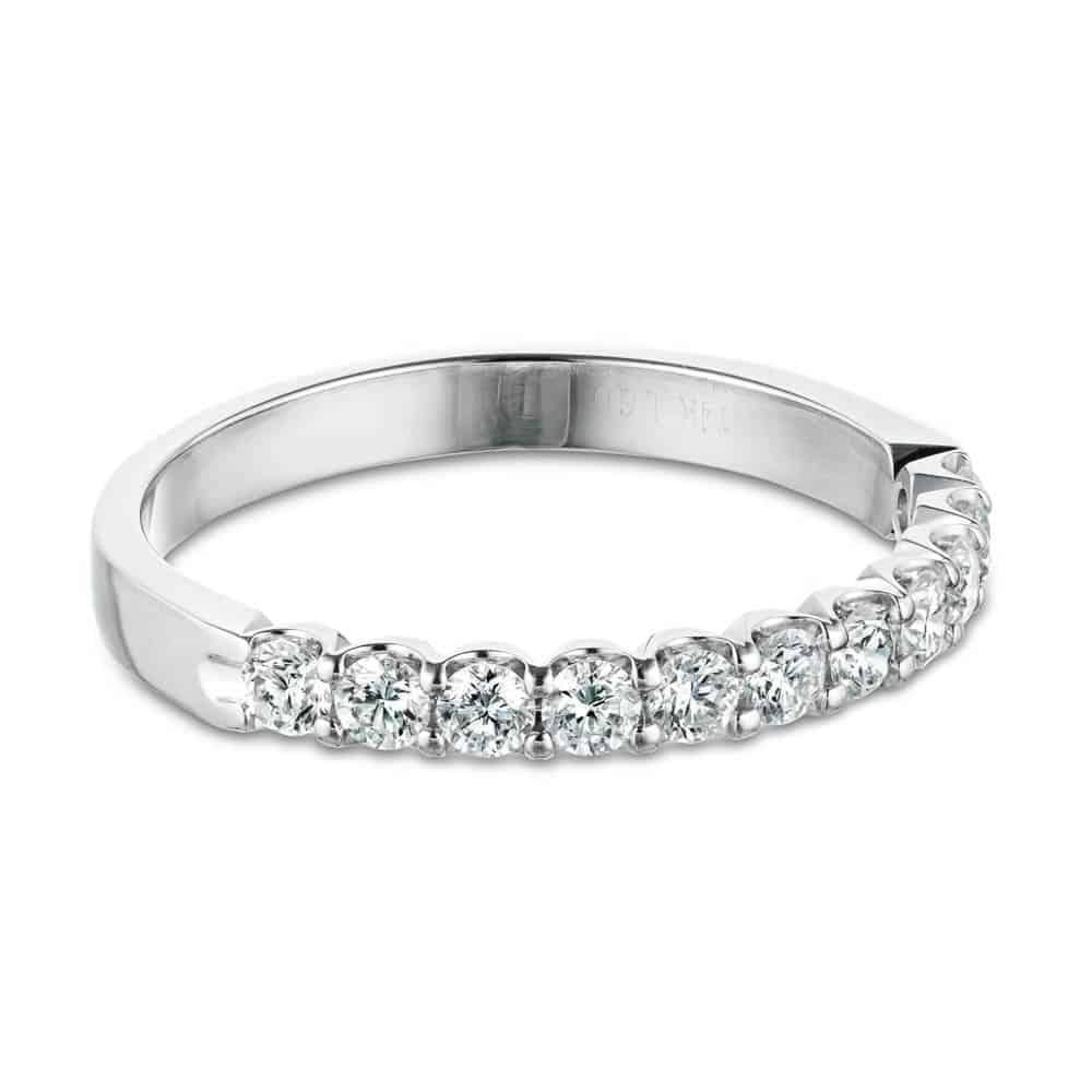 Shown with 0.50ctw Lab Diamonds in 14k White Gold|Ethical diamond accented wedding band with 11 round cut lab grown diamonds set in recycled 14k white gold