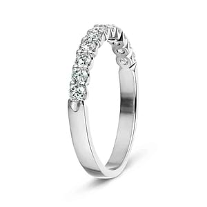 Diamond accented wedding band with 11 round cut lab grown diamonds set in recycled 14k white gold shown from side