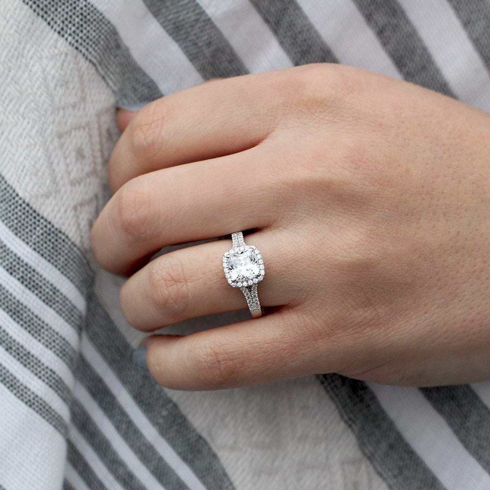 Adara Accented Engagement Ring shown here with a 2.0ct cushion cut lab grown diamond set in recycled 14K white gold. 