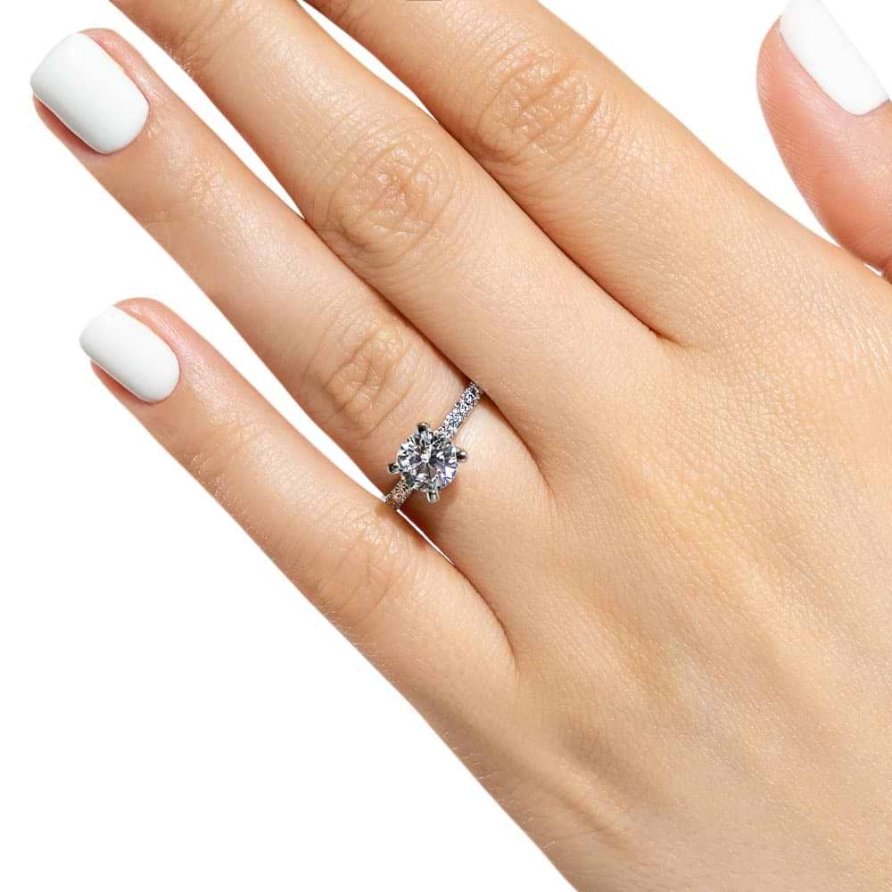 Shown with 1ct round cut lab grown diamond in 14k white gold|Adelaide diamond accented hidden halo engagement ring with 1ct round cut lab grown diamond in 14k white gold