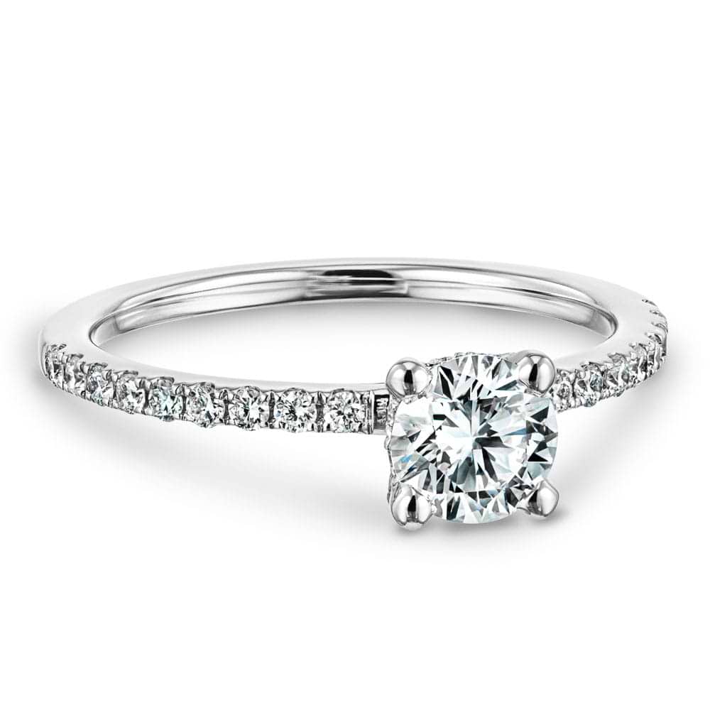 Shown with 1ct round cut lab grown diamond in 14k white gold