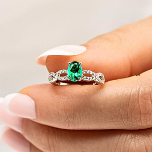 Vintage style diamond accented engagement ring with 1ct oval cut lab created emerald in 14k white gold