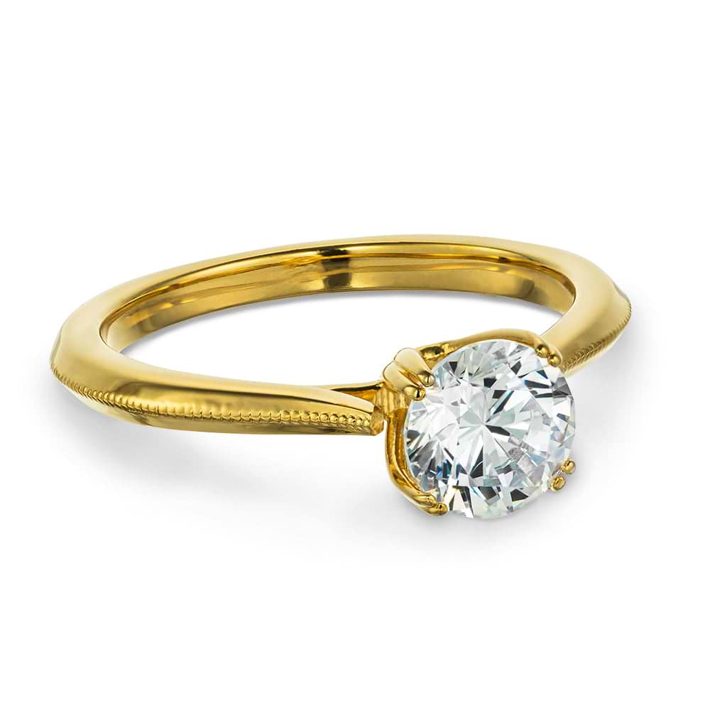 Shown with 1ct Round cut Lab Grown Diamond in 14k Yellow Gold|Modern futuristic sci-fi solitaire engagement ring with unique knife edge shank and double prong head holding a 1ct round cut lab created diamond in 14k yellow gold