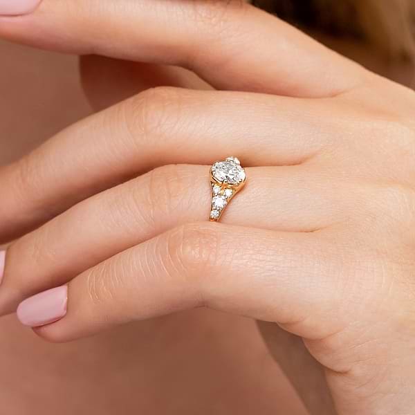Shown with a 1.0ct Oval cut Lab-Grown Diamond in recycled 14K yellow gold with accenting stones| antique style 1.0ct Oval cut Lab-Grown Diamond in recycled 14K yellow gold with recycled accenting stones