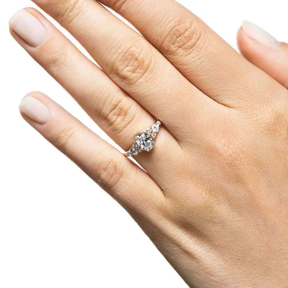 Shown with a 1.0ct Oval cut Lab-Grown Diamond in recycled 14K yellow gold with accenting stones| antique style 1.0ct Oval cut Lab-Grown Diamond in recycled 14K yellow gold with recycled accenting stones