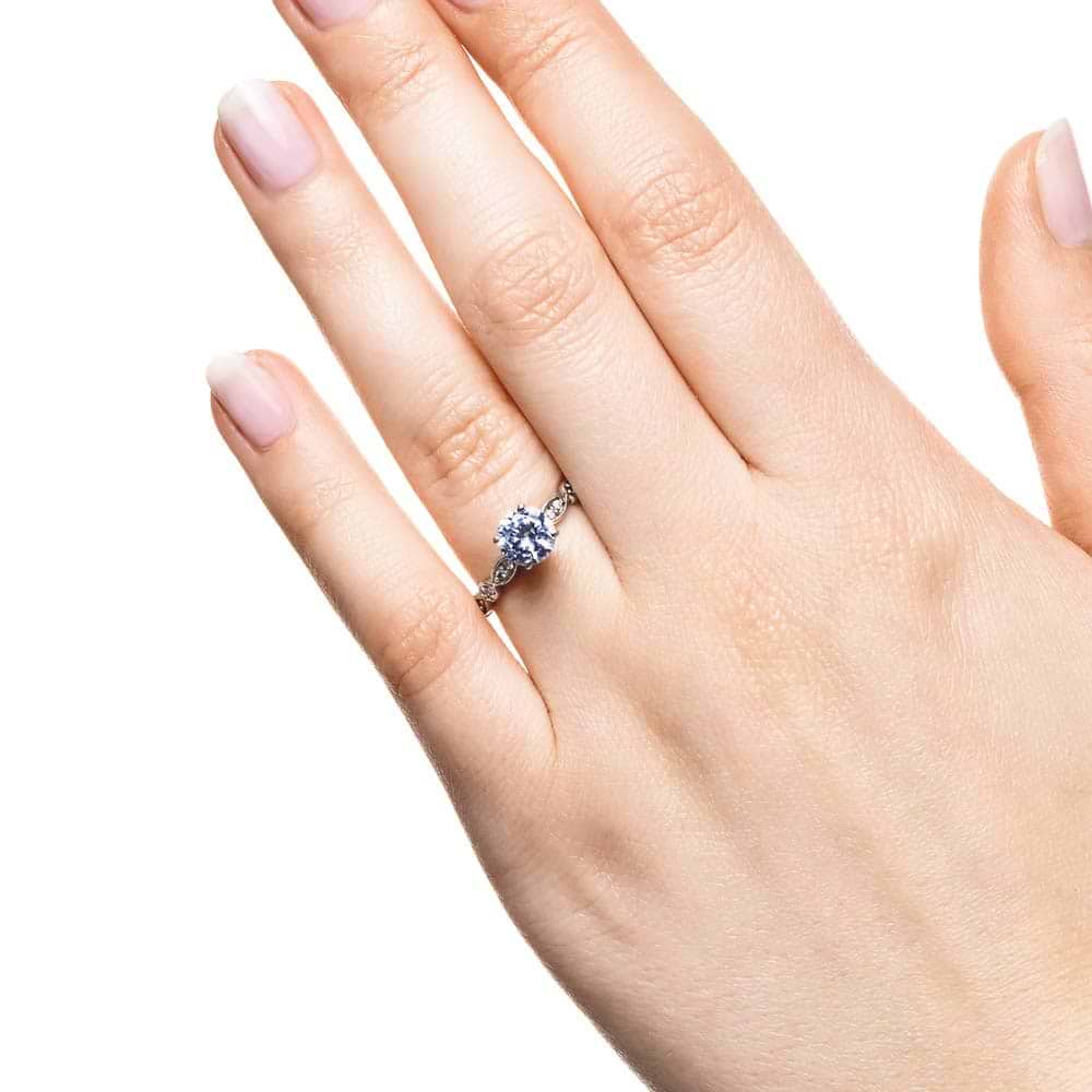 Shown with a 1.0ct Round cut Lab-Grown Diamond in recycled 14K yellow gold with recycled diamond accenting stones| 1.0ct lab-grown diamond antique diamond accented engagement ring in yellow gold