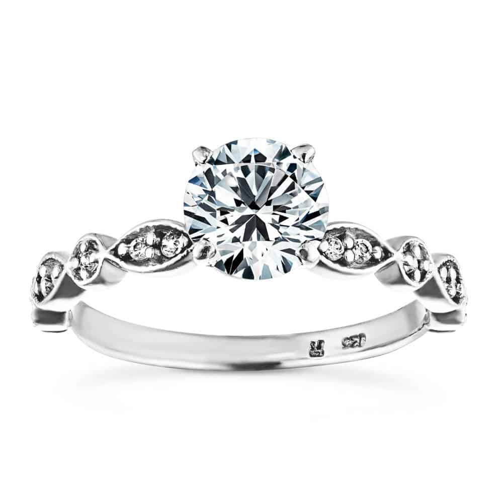 Shown with a 1.0ct Round cut Lab-Grown Diamond in recycled 14K white gold and recycled diamond accenting stones| 1.0ct lab-grown diamond antique diamond accented engagement ring in white gold