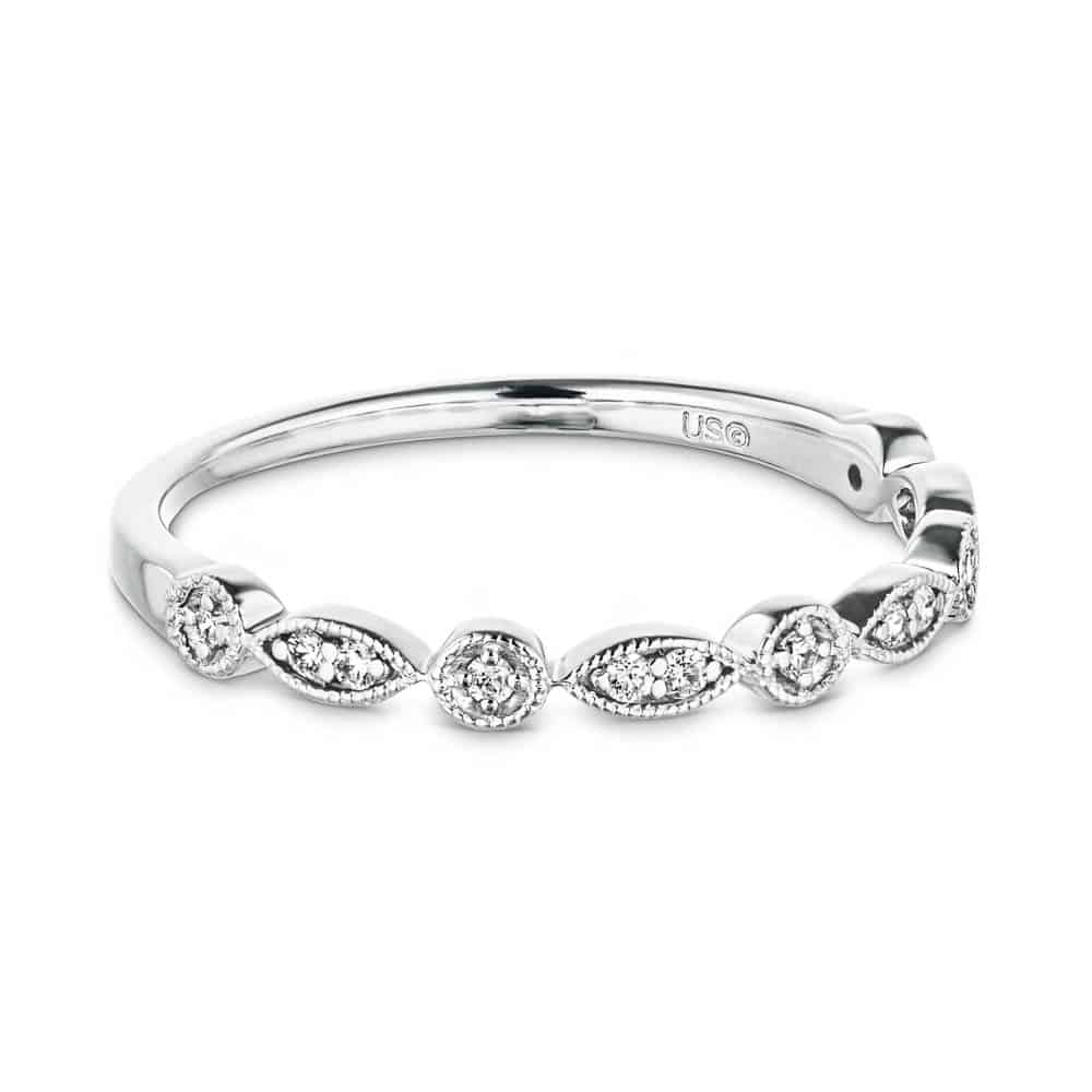 Shown in 14k White Gold|Antique style romantic diamond accented wedding band with milgrain detailing in 14k white gold