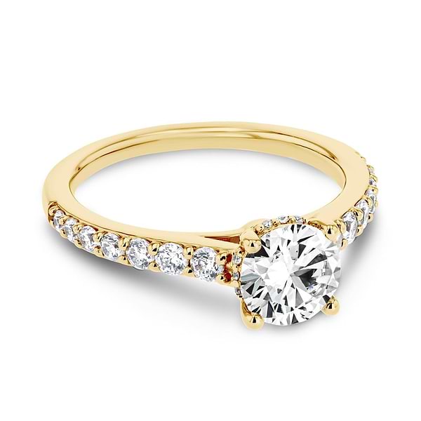 Shown here with a 1.0ct Round Cut Lab Grown Diamond center stone in 14K Yellow Gold|diamond accented hidden halo engagement ring with lab grown diamond center stone set in 14k yellow gold recycled metal