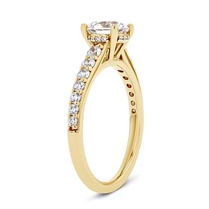 diamond accented hidden halo engagement ring with lab grown diamond center stone set in 14k yellow gold recycled metal