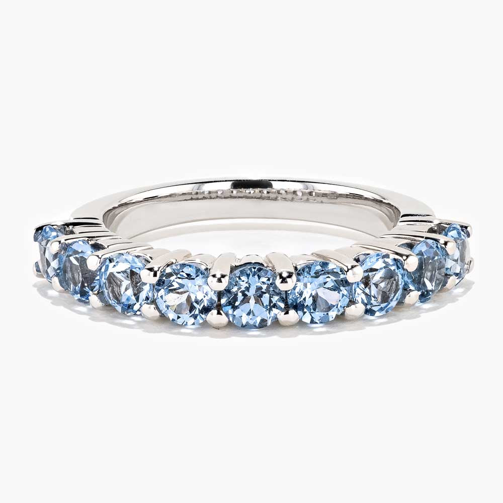 Aquamarine Band shown in recycled 14K white gold band set with 1.8ctw round cut Lab Created Aquamarine stones