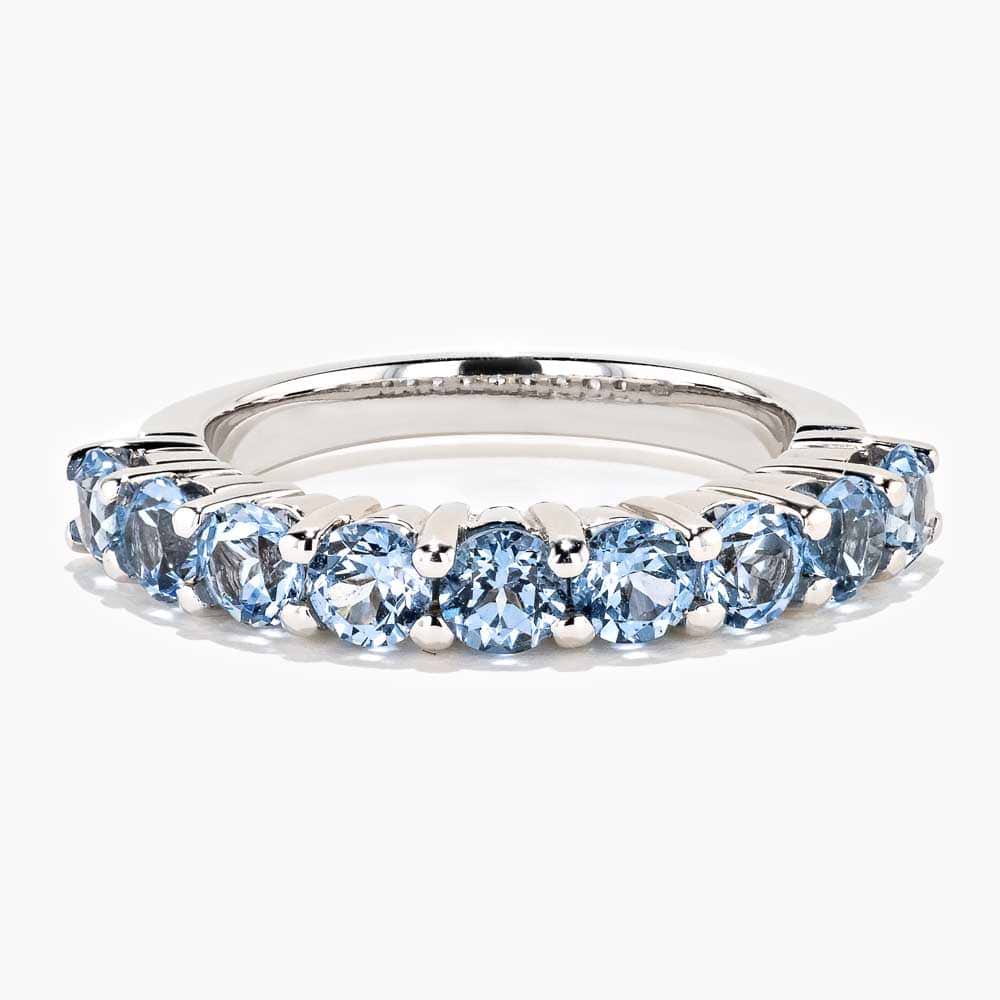 Aquamarine Band shown in recycled 14K white gold band set with 1.8ctw round cut Lab Created Aquamarine stones|14K white gold band Lab Created Aquamarine stones