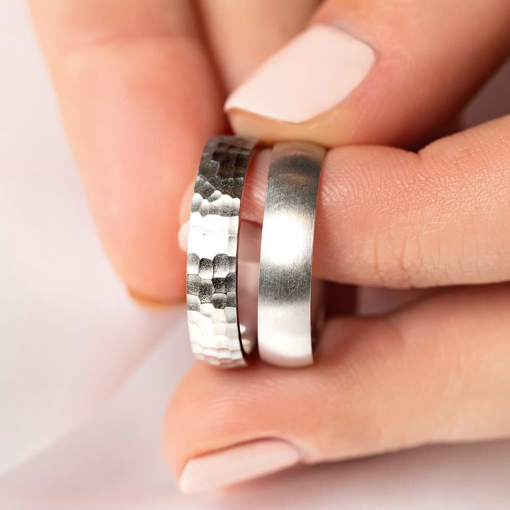 Two classic Men&#39;s Wedding Bands made with recycled 14K white gold in Satin Hammer and Satin finish 