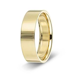 Minimalistic mens wedding band in 6mm 14k yellow gold with high polish finish shown on side