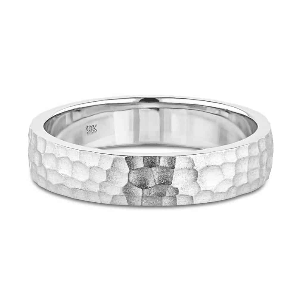 Classic Men&#39;s Wedding Band made with recycled 14K white gold in Satin Hammer 