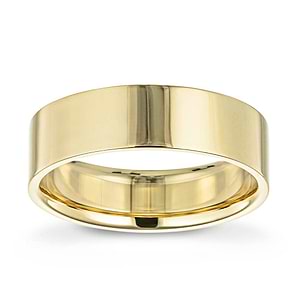 Ethical mens wedding band in 6mm 14k yellow gold with high polish finish