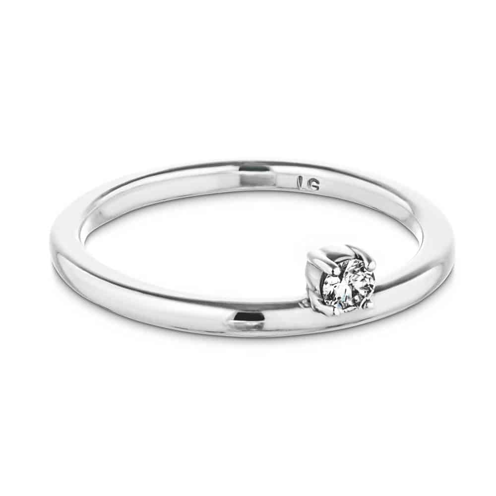 Shown with 0.10ct Lab Grown Diamond in 14k White Gold|Unique asymmetrical stackable ring with 0.10ct round cut lab grown diamond in 14k white gold