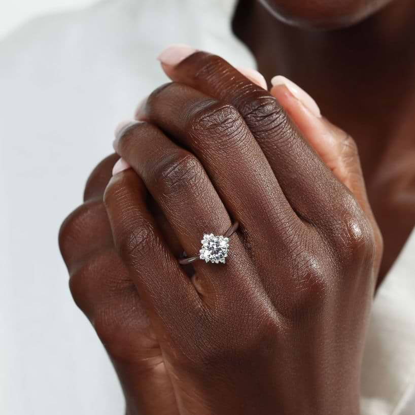 Shown here with a 1.0ct Round Cut Lab Grown Diamond center stone in 14K White Gold|diamond halo engagement ring with a round cut lab grown diamond center stone set in 14k white gold metal