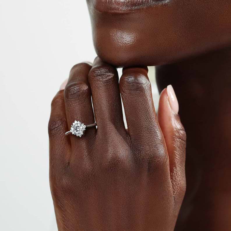 Shown here with a 1.0ct Round Cut Lab Grown Diamond center stone in 14K White Gold|diamond halo engagement ring with a round cut lab grown diamond center stone set in 14k white gold metal