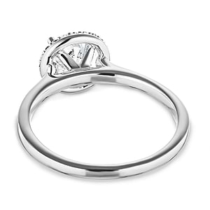 Diamond halo engagement ring with a 1ct round cut lab grown diamond in 14k white gold shown from back