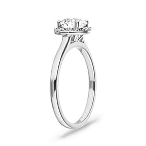 Diamond halo engagement ring with a 1ct round cut lab grown diamond in 14k white gold shown from side