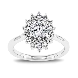 shown with a 1 carat lab grown diamond center stone with a lab grown diamond floral inspired halo set in 14k white gold metal