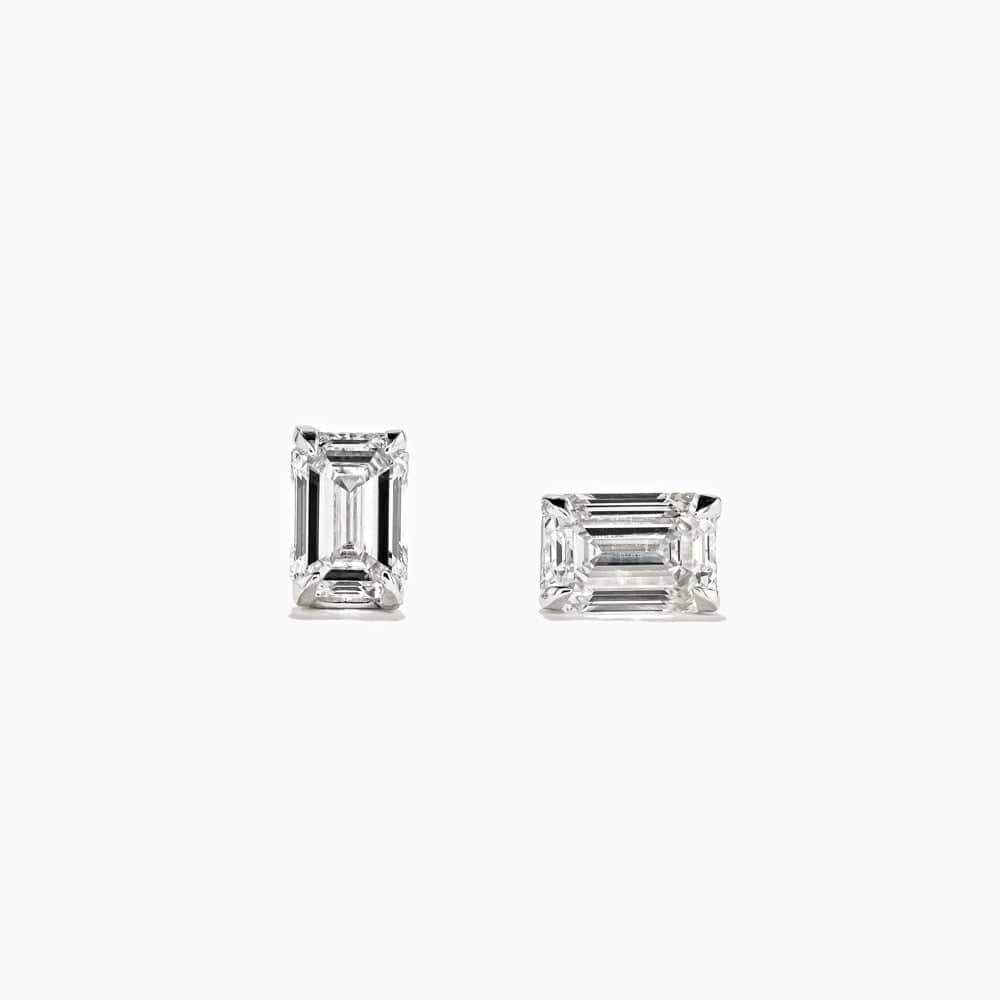 Emerald Cut Lab Grown Diamond Basket Stud Earrings Shown in 14K White Gold| emerald cut basket stud earrings with lab grown diamonds set in 14k white gold metal