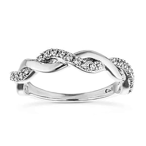 Diamond entwined twisting design wedding band in 14k white gold