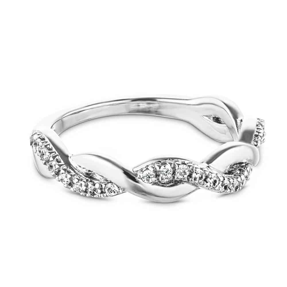 Shown in 14k White Gold|Diamond entwined twisting design wedding band in 14k white gold