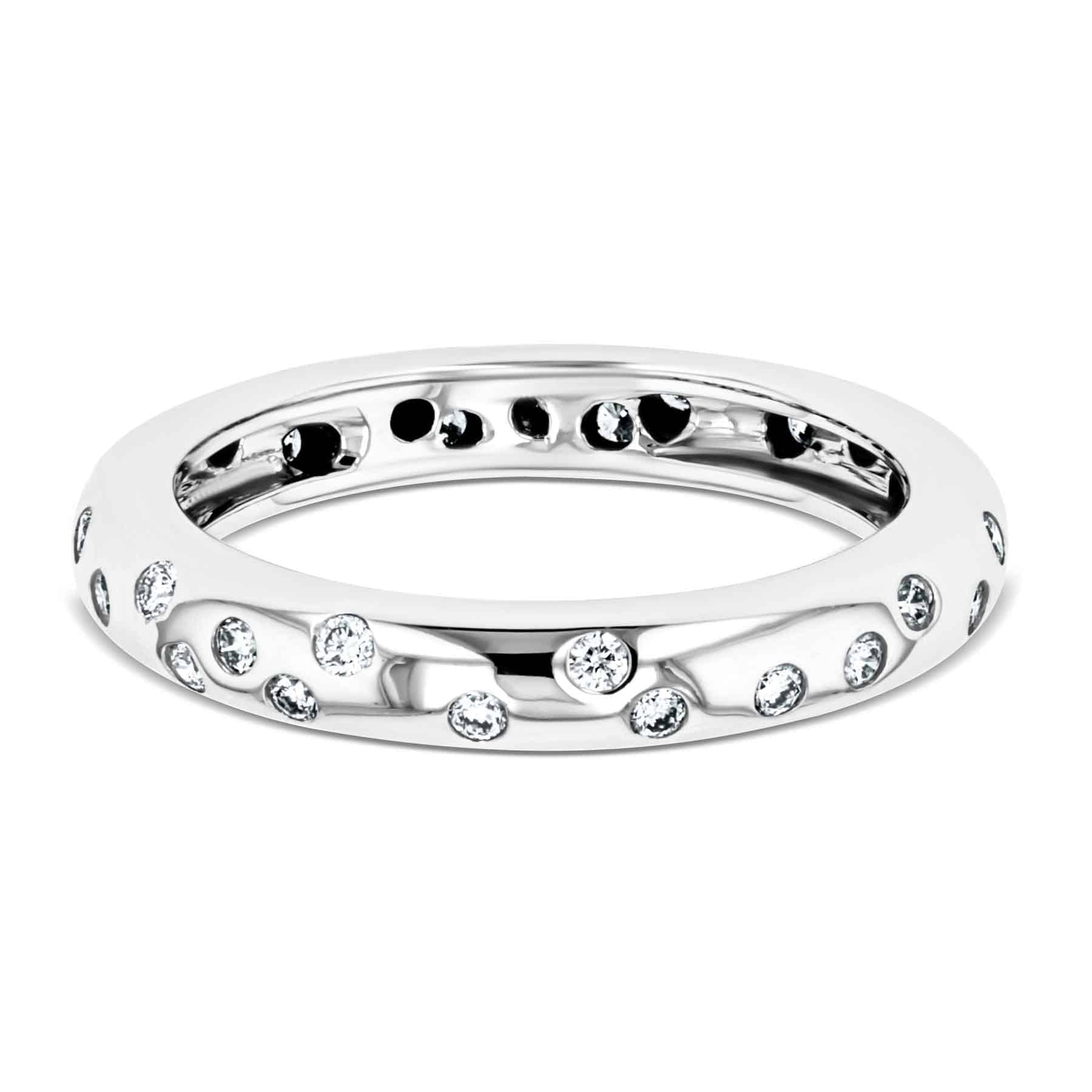 Shown in 14K White Gold|scattered eternity lab grown diamond band in 14k white gold metal