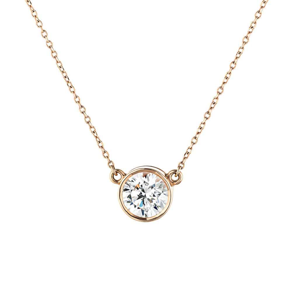 Bezel Pendant shown with a 1.0ct Round cut diamond in 14K yellow gold|Bezel Pendant with a 1.0ct Round cut lab diamond in 14K Yellow Gold