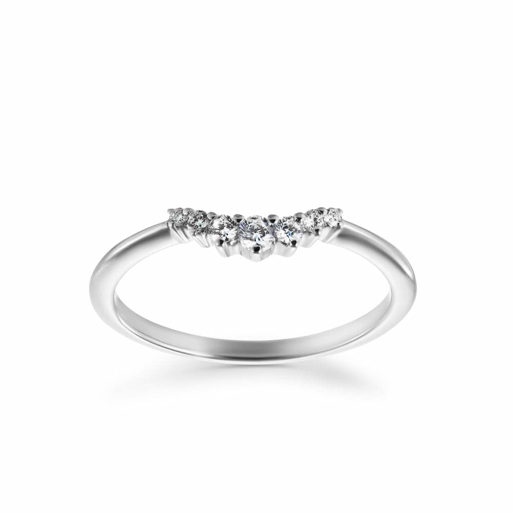 Shown in 14k White Gold|Graduated lab grown diamond accented v wedding band with stackable contour design set in 14k white gold