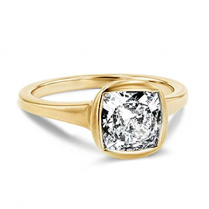bezel set satin finish engagement ring with cushion cut lab grown diamonds